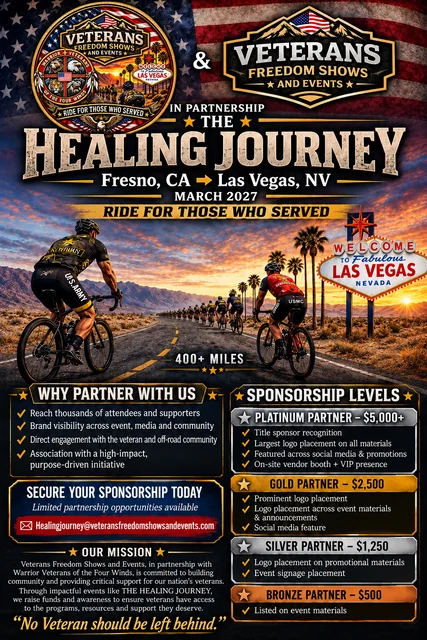 The Healing Journey March 2027 event and sponsorship flyer, with cycling artwork for a Fresno to Las Vegas journey advertised as 400+ miles.