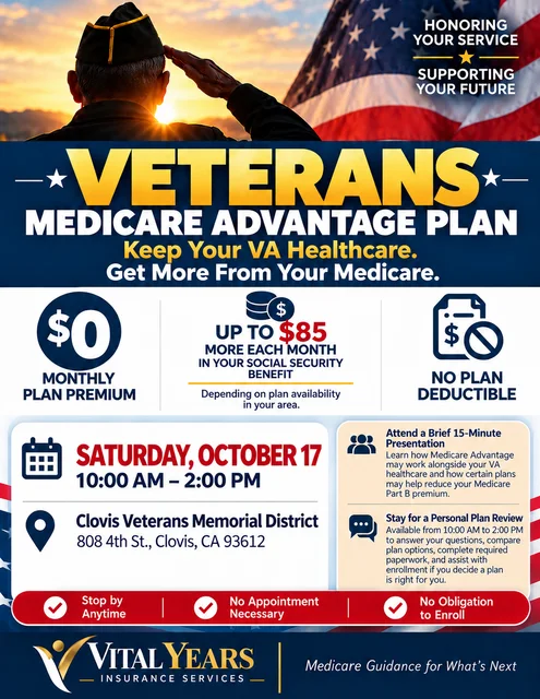 VitalYears Insurance Services Medicare information flyer for the Clovis Veterans Memorial District.