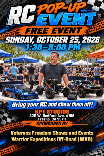 Pop-Up RC Event flyer for Sunday, October 25, 2026, at KP1 Studios in Fresno. A free RC gathering sponsored by Veterans Freedom Shows and Events and WXO.