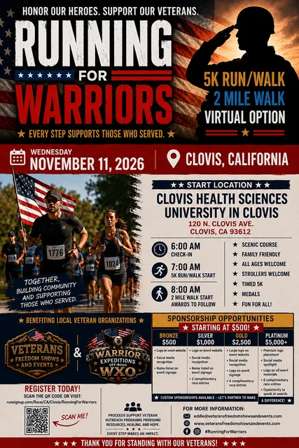 Running for Warriors November 11, 2026 flyer with 5K run/walk, 2-mile walk, virtual option and Clovis start information.